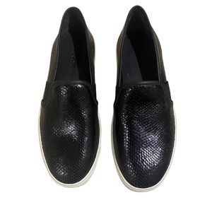 New Vince Black Leather Snake Slides, 5.5